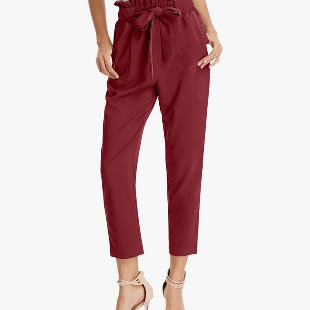 Grace Karin Red Cropped Paper Bag Waist Pants